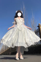 White [Cindy Rose] Halterneck Sleeveless Ruffle Bowknot Sweet Elegant Lolita Jsk Dress - Product - 4