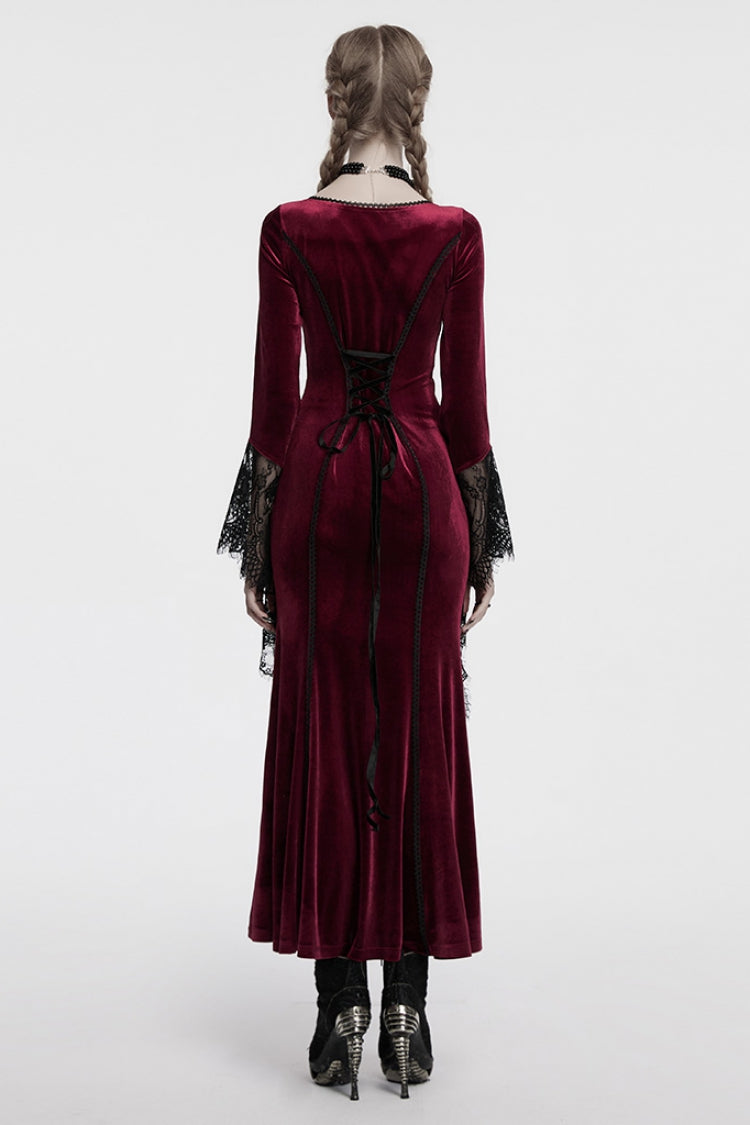 Red Long Sleeves Floral Embroidery Stitching Lace Women's Gothic Gown Dress - Product - 3