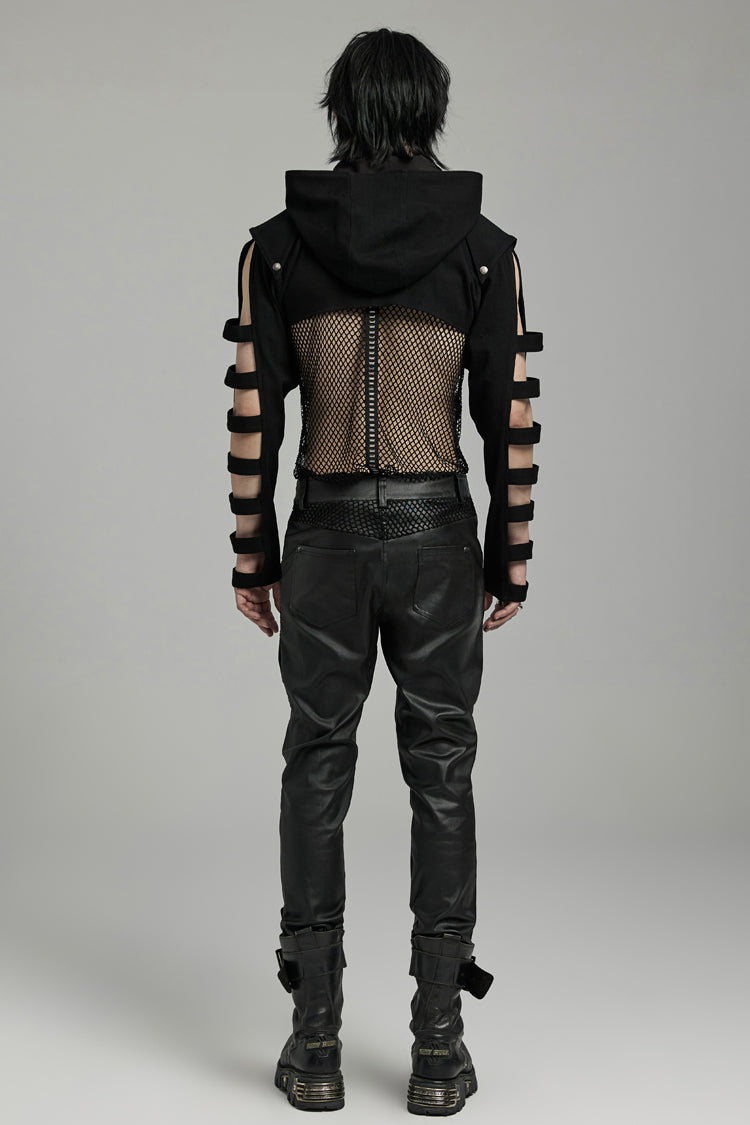 Black Stand Collar Hooded Cutout Men's Punk Jacket - Product - 4