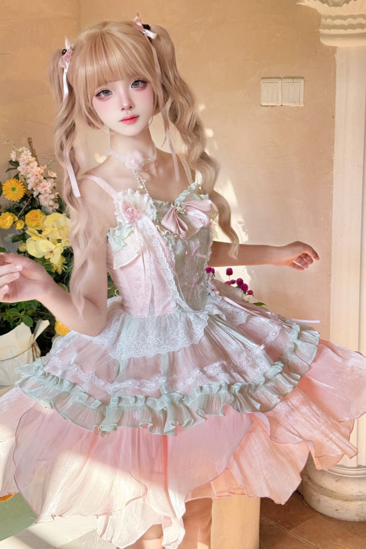 Pink/Green Summer Garden Ruffle Embroidery Bowknot Lace Sweet Lolita Jsk Short Dress - Product - 4