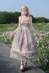 Purple [Oil Painting – In the Shade of Blossoming Trees] Sleeveless Print Ruffle Bowknot Lace Sweet Lolita Jsk Dress - Product - 12