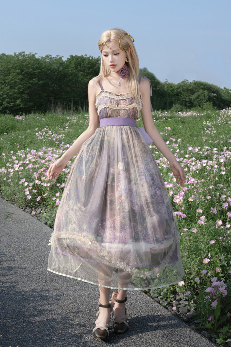 Purple [Oil Painting – In the Shade of Blossoming Trees] Sleeveless Print Ruffle Bowknot Lace Sweet Lolita Jsk Dress - Product - 12