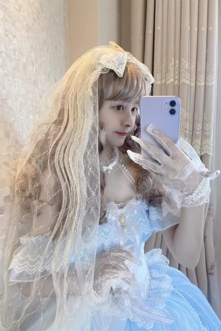 Blue/White [The Little Mermaid] Off Shoulder Halterneck Hanayome Bowknot Mesh Sweet Elegant Princess Lolita Dress - Product - 4