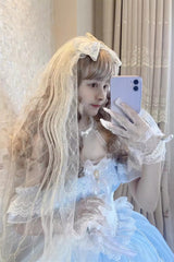 Blue/White [The Little Mermaid] Off Shoulder Halterneck Hanayome Bowknot Mesh Sweet Elegant Princess Lolita Dress - Product - 4