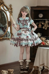 Green [Cherry Mille-Feuille] Lapel Collar Short Sleeves Triple-Layered Printed Ruffled Bow Lace Princess Sweet Lolita Dress - Product - 7