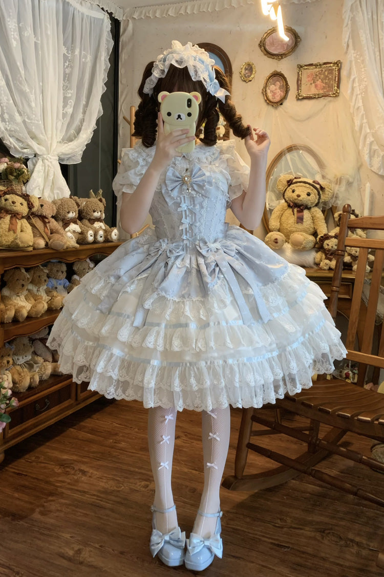 Blue [Snow Kissed Romance] Sleeveless High Waisted Multi-Layered Bowknot Lace Pearl Sweet Ballet Lolita Jsk Dress - Product - 6