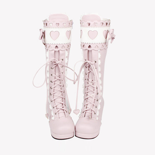 Lace Bowknot Heart Shaped Round Toe Sweet Lolita High Boots - Product - 4