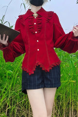 [Late Night] Lapel Collar Long Sleeves Ruffle Lace Slim Sweet Lolita Blouse 6 Colors - Product - 16