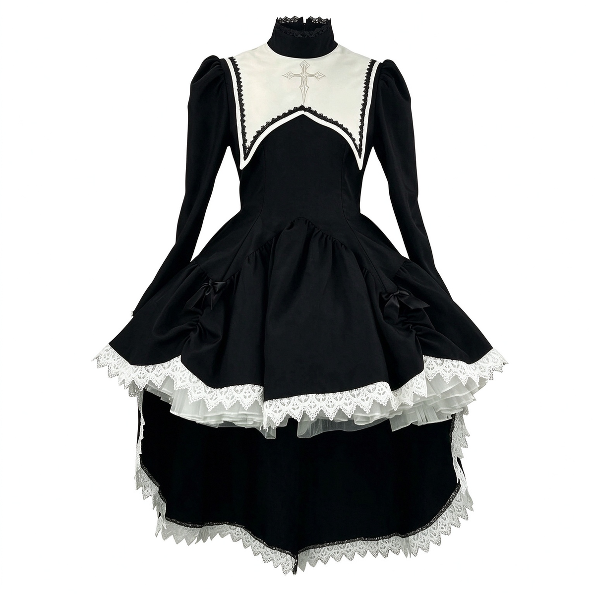 Black Gothic Ruffled Lolita Dress with Cross and Lace Trim