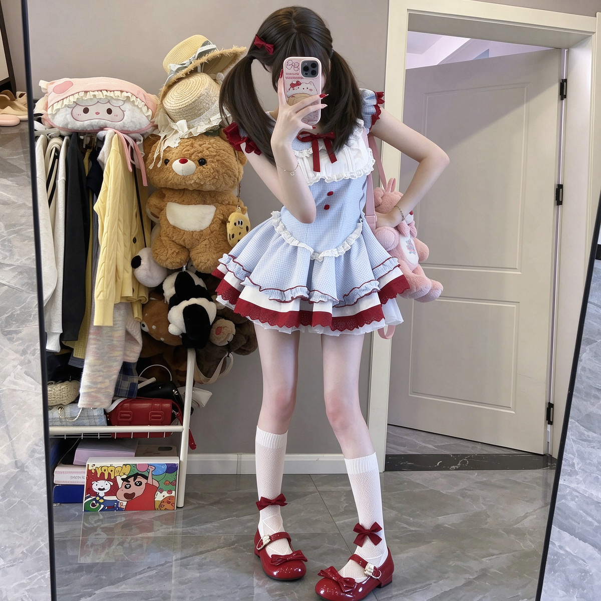Light Blue and Red Gingham Ruffled Lolita Dress with Lace Trim - view 2
