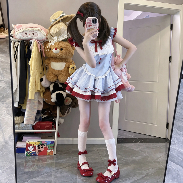 Light Blue and Red Gingham Ruffled Lolita Dress with Lace Trim - view 2