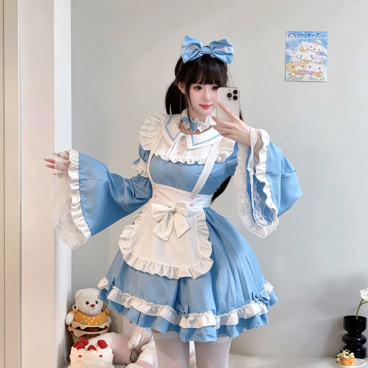Light Blue Ruffled Maid Lolita Dress with Apron Bow Accent - view 5