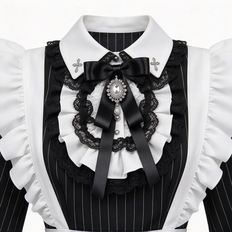 Black Striped Maid Lolita Dress with Apron Bow Accent - view 2