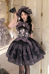 [Stained Glass Dream] Halterneck Sleeveless Printed Embroidered Bow Gothic Lolita Dress 2 Colors (Black/Purple, White/Purple) - Product - 4