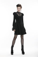 Black V-neck Long Sleeves Ruched Ruffled Lace Women's Lolita Gothic Velvet Dress - Product - 7