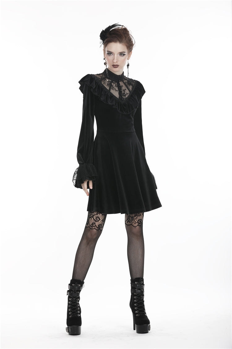 Black V-neck Long Sleeves Ruched Ruffled Lace Women's Lolita Gothic Velvet Dress - Product - 7