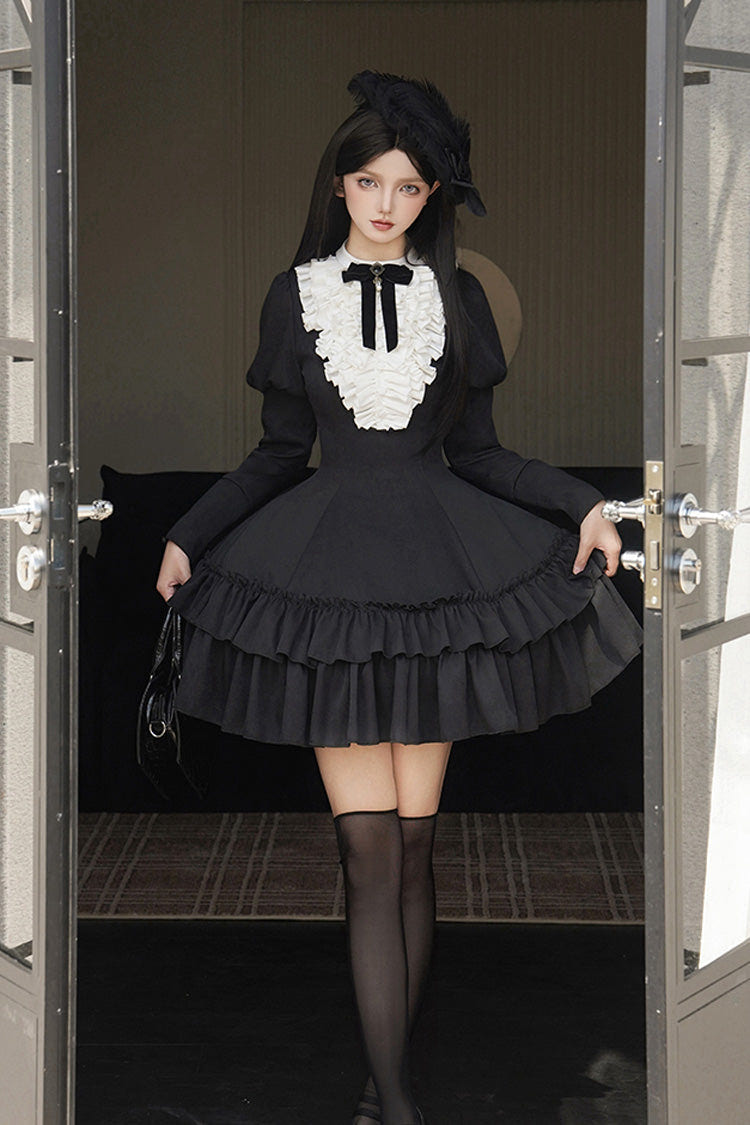 Black [Miss Weir] Stand Collar Long Sleeves Double-Layered Ruffle Gothic Lolita Dress - Product - 7