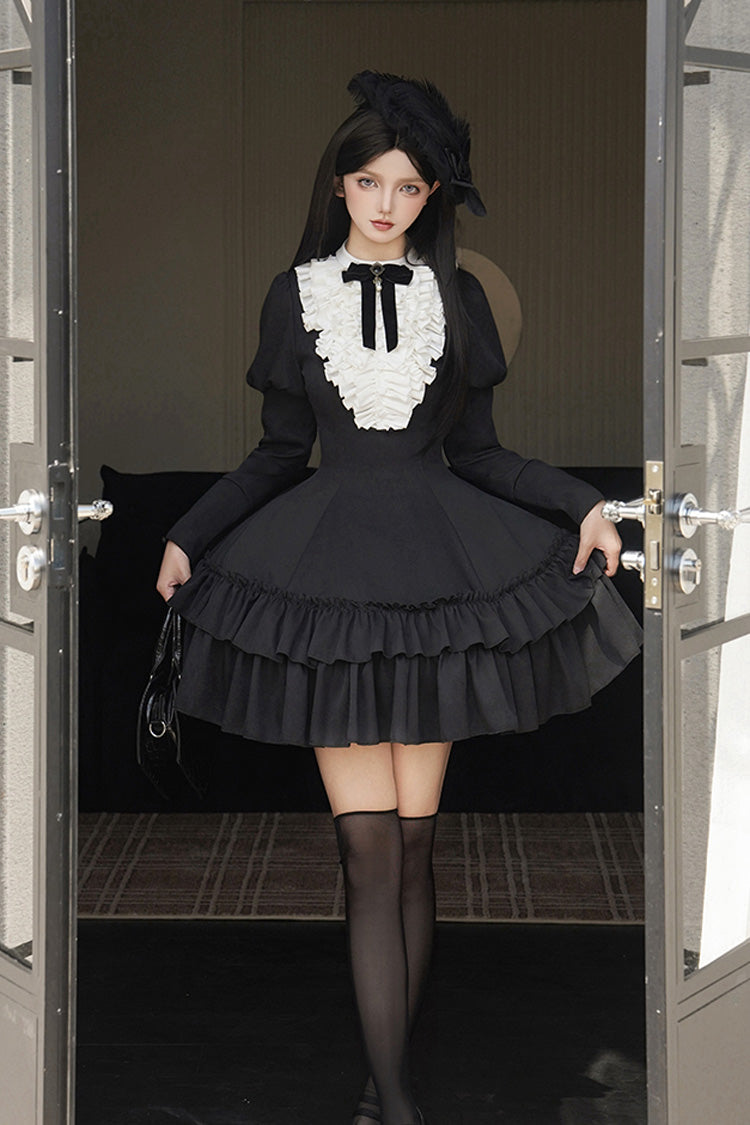 Black [Miss Weir] Stand Collar Long Sleeves Double-Layered Ruffle Gothic Lolita Dress - Product - 7