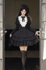 Black [Miss Weir] Stand Collar Long Sleeves Double-Layered Ruffle Gothic Lolita Dress - Product - 7
