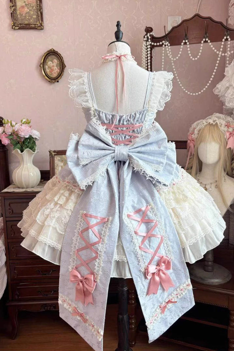 Blue [Rose Canticle] Sleeveless Multi-Layered Bowknot Lace Lace-Up Pearl Ballet Sweet Lolita Jsk Dress - Product - 3
