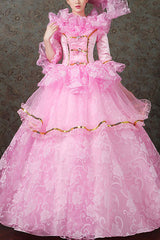 Half Sleeves Diamond Button High Waisted Hollow Embroidery Floral Print Multi-Layer Victorian Lolita Prom Dress - Pink - 1