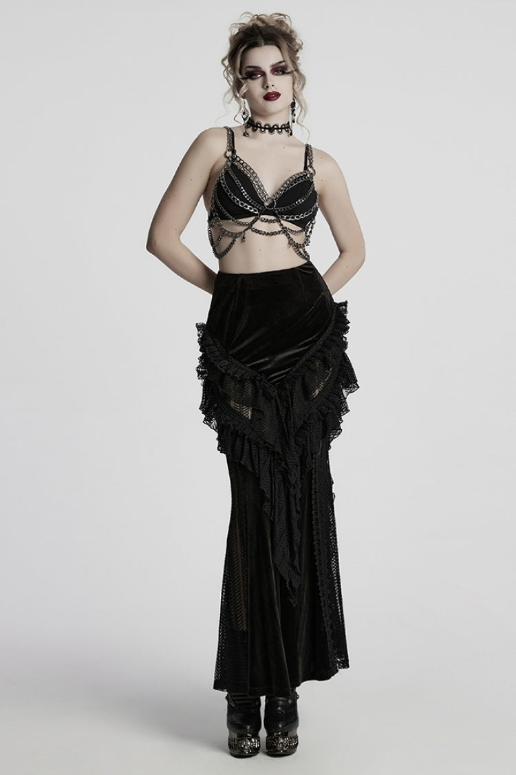 Black Ruffle Stitching Lace Women's Gothic Fishtail Skirt - Product - 4