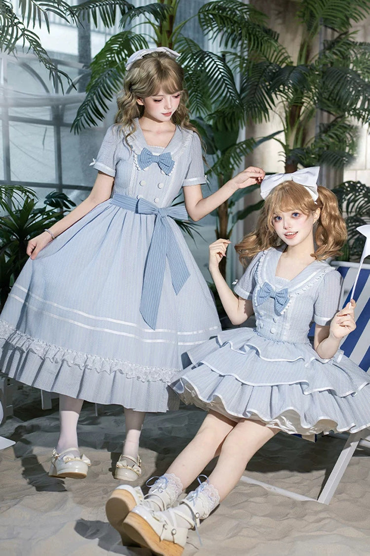 Blue [Seven Day Bell] Navy Collar Short Sleeves Printed Ruffled Bow Sweet Lolita Dress 2 Versions - Product - 7