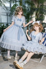 Blue [Seven Day Bell] Navy Collar Short Sleeves Printed Ruffled Bow Sweet Lolita Dress 2 Versions - Product - 7