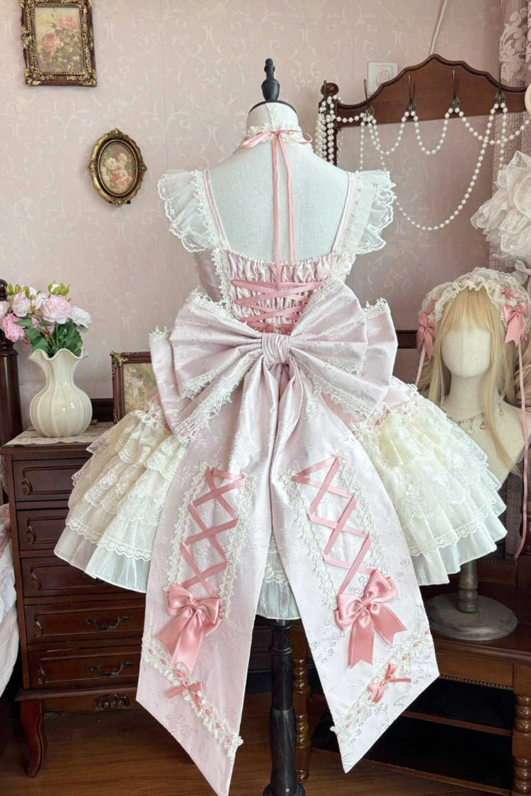 Pink [Rose Canticle] Sleeveless Multi-Layered Bowknot Lace Lace-Up Pearl Ballet Sweet Lolita Jsk Dress - Product - 3
