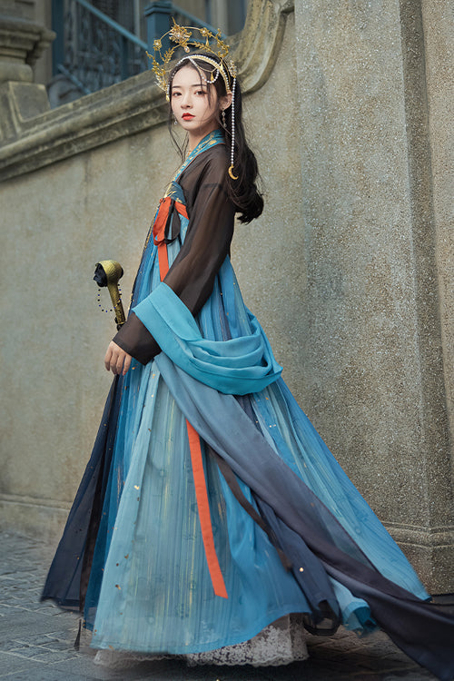 Black/Blue Hot Stamping Embroidered Ancient Flowy Classic Hanfu Dress Full Set - Product - 4