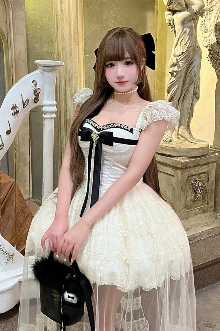 Ivory [Hepburn Heart] Square Collar Sleeveless Multi-Layered Cut-Out Bow Lace Sweet Lolita Jsk Dress - Product - 14