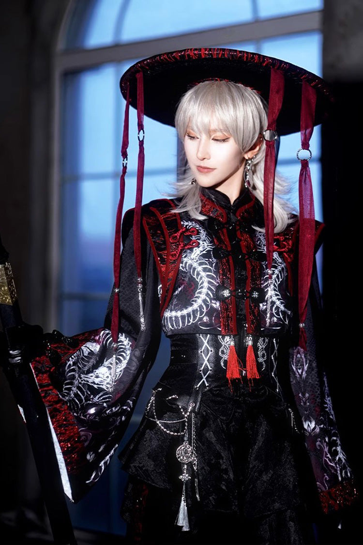 [Bone Dragon] Long Sleeves Print Ouji Fashion Classic Lolita Coat 2 Colors - Black/Red - 1