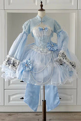 Blue/White Porcelain Printed Ruffled Bow Lace Sweet Plus Size Lolita Jsk Dress(Short Version) - Blue/White - 1