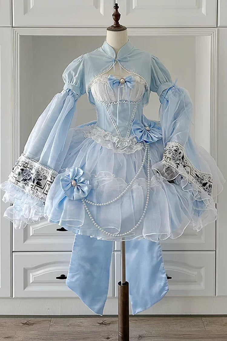 Blue/White Porcelain Printed Ruffled Bow Lace Sweet Plus Size Lolita Jsk Dress(Short Version) - Blue/White - 1