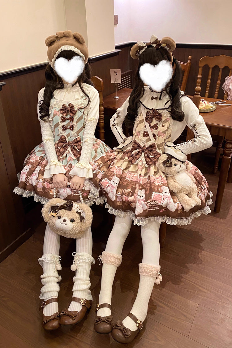 [Chocolate Brownie] Sleeveless Printed Ruffled Bow Lace Sweet Lolita Strap Dress 2 Colors - Product - 12