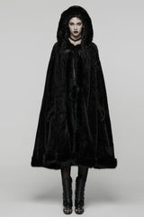 Black Faux Fur Spliced Hooded Women's Gothic Coat Cloak - Black - 1
