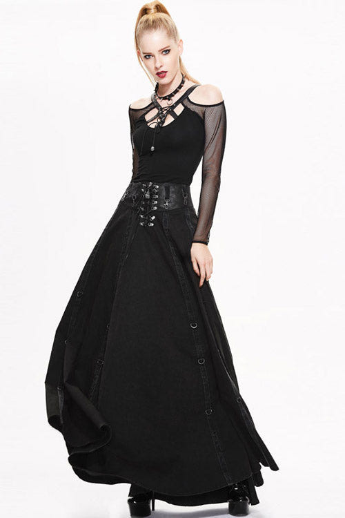 Black Torn Multiple Wearing Leather Waistband Punk Rock Flowing Long Womens Half Skirt - Product - 2