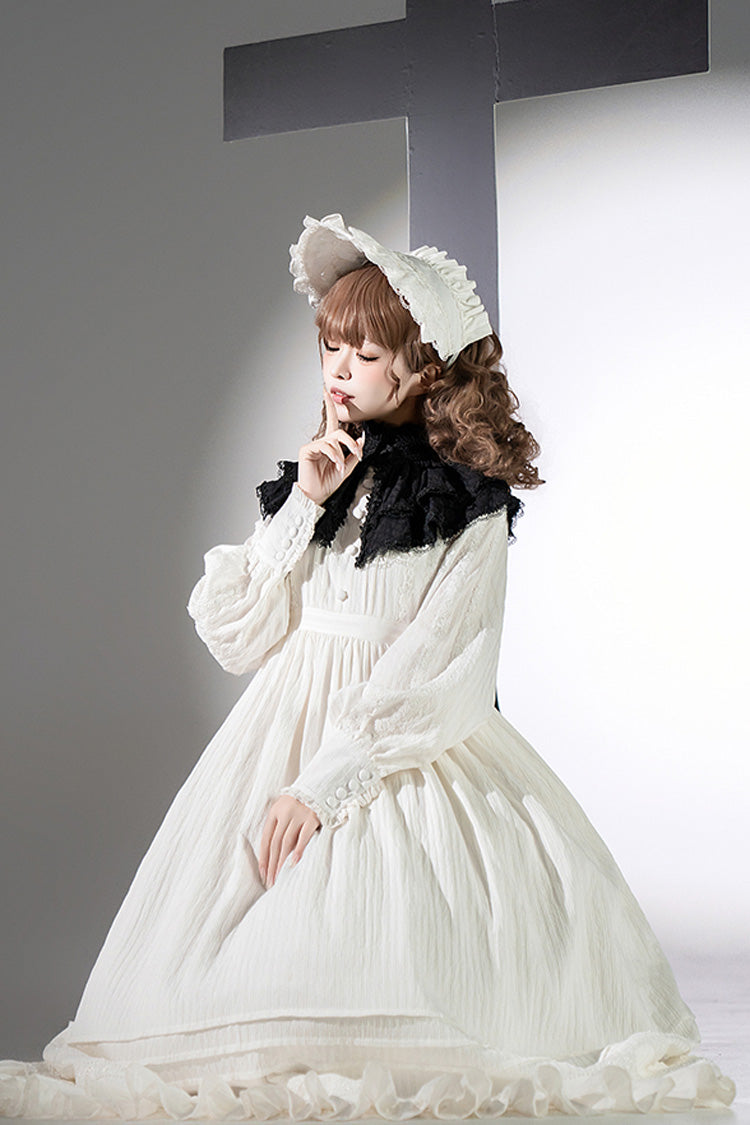 White [Quiet Place] Long Sleeves Jacquard Ruffle Embroidery Bowknot Gothic Lolita Dress - Product - 10