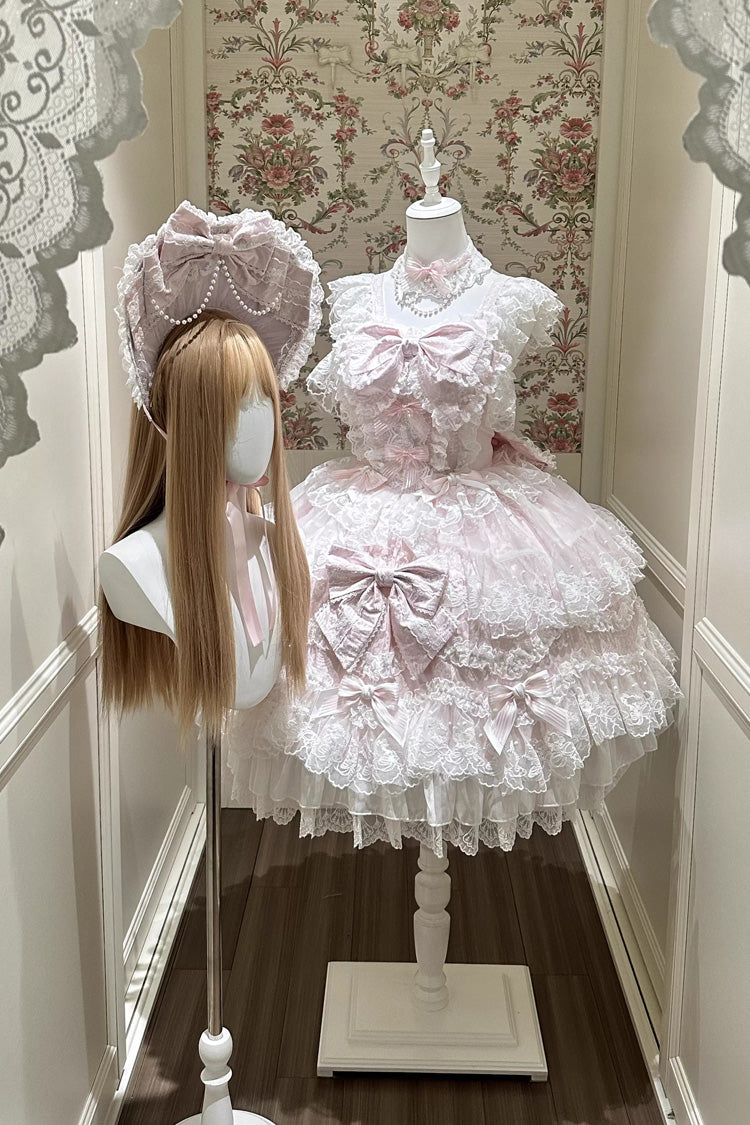 Pink [Sakura Dream Romance] Sleeveless Multi-Layered Ruffled Hanayome Bow Lace Sweet Princess Lolita Jsk Dress - Product - 10