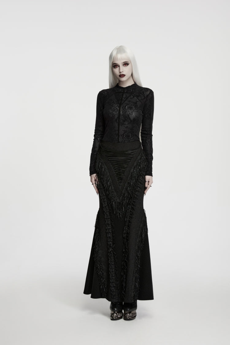 Black  High Collar Long Sleeves Rose Jacquard Lace Slim Fit Women's Gothic Luxurious Top - Product - 4