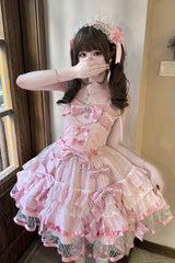 Pink [Gem Love] Sleeveless Triple-Layered Ruffle Bowknot Lace Sweet Ballet Lolita Jsk Dress - Product - 2