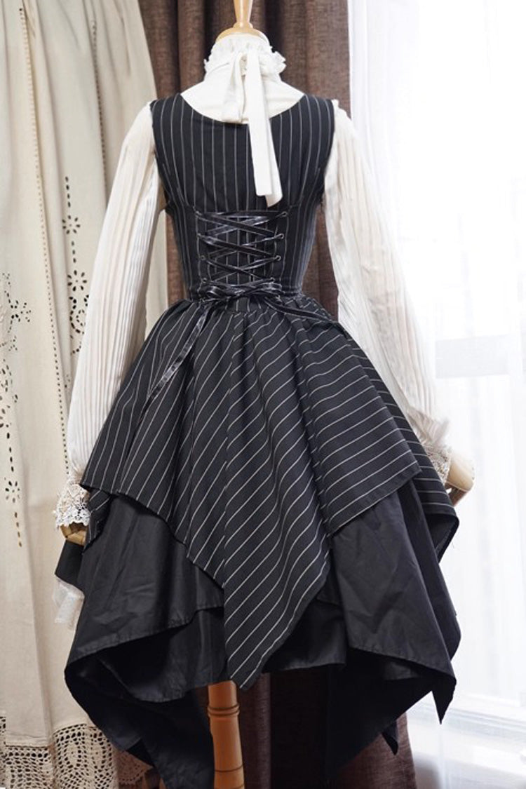 Black Sleeveless Striped Print Lace-Up Irregular Hem Gothic Lolita Dress - Product - 8