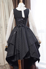 Black Sleeveless Striped Print Lace-Up Irregular Hem Gothic Lolita Dress - Product - 8