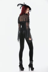 Black Women's Gothic Floral Decal Fishnet Mesh Patchwork Velvet Leggings - Product - 8