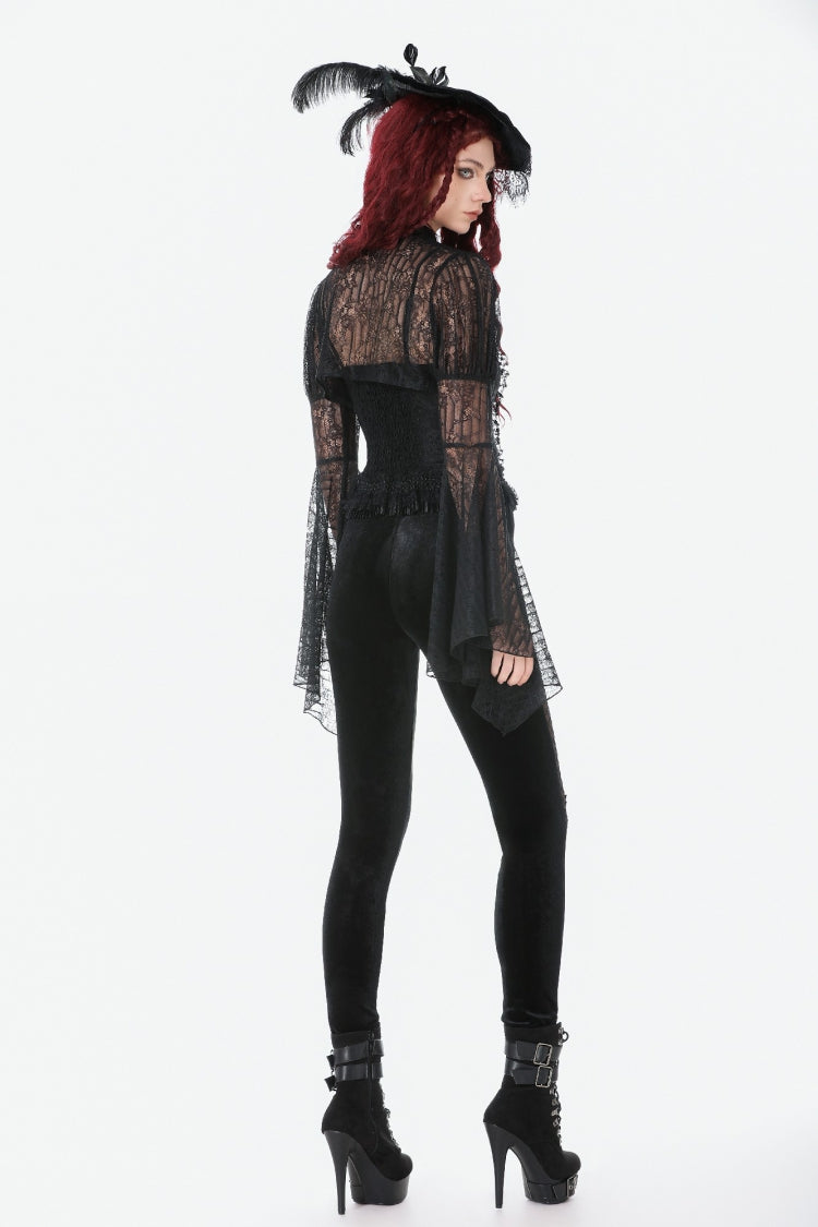 Black Women's Gothic Floral Decal Fishnet Mesh Patchwork Velvet Leggings - Product - 8