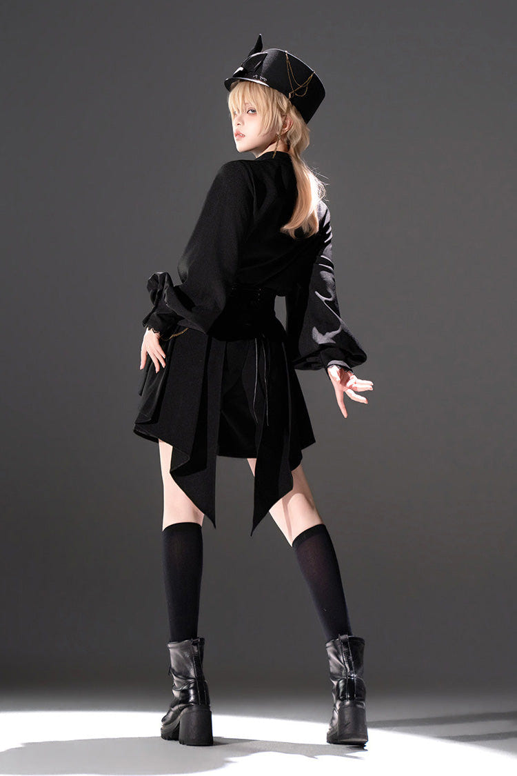 Black [Will of the Rose] Round Collar Long Sleeves Asymmetric Gothic Vintage Elegant Knight Prince Ouji Lolita Blouse Shorts Set - Product - 6