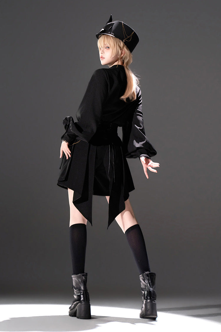 Black [Will of the Rose] Round Collar Long Sleeves Asymmetric Gothic Vintage Elegant Knight Prince Ouji Lolita Blouse Shorts Set - Product - 6