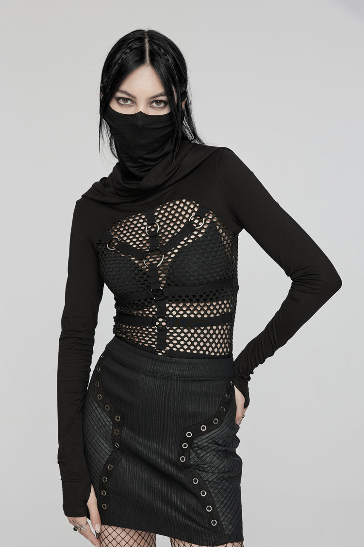 Black Long Sleeves Stitching Hooded Mesh Women's Punk T-Shirt - Product - 2
