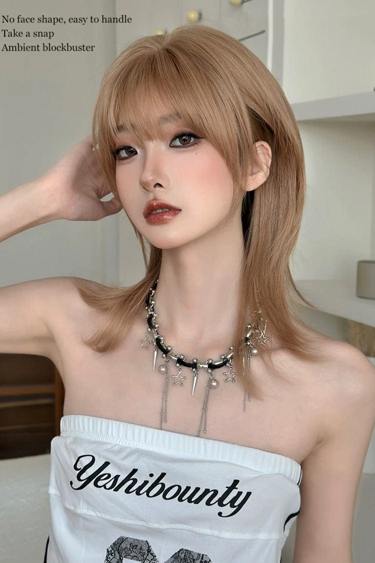 Chestnut Linen Wolf Cut Samurai Style Clavicle‑Length Sweet Lolita Full Wig - Product - 5