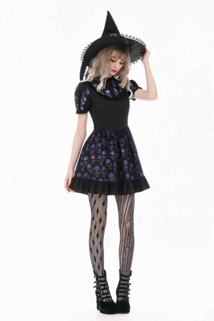 Black/Purple Short Puff Sleeves Skull Printed Lace-Up Women's Lolita Gothic Dress - Product - 10